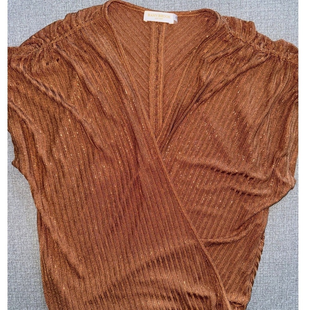 Ramy Brook Bronze Metallic Pleated Surplice Wrap Top Shimmer Bronze Small S